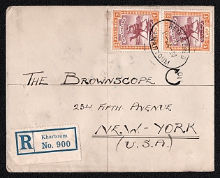1936 (13 Jan) International registered cover from Khartoum (Sudan) to New York (USA), franked with two 2pi (Sudan), canceled by Khartoum postmark. Via Shellal Halfa T.P.O. January 20, 1936. Arrive in New York February 5, 1936