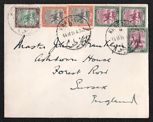 1934 (14 Mar) International cover from Khartoum (Sudan) to Sussex (England), franked with two 1m (Sudan), three 3m and 4m, canceled by Khartoum postmark. No arrival postmark