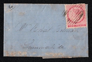 1842 (25 Jan) Local cover from Charlottetown (Prince Edward Island) to Summerside (Prince Edward Island), franked with 2p (Prince Edward Island) dumb cancel. Bend thru stamp
