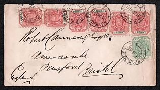 1897 (11 Jan) International cover from Transvaal T.P.O. (R.P.K. Heen) to Bristol (England), franked with six 1d and 1/2d (South African Republic), canceled by R.P.K. HEEN postmark. Arrive in Bristol January 30, 1897