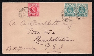 1906 (13 May) International cover from Pietermaritzburg (Natal) to Charlottetown (Prince Edward Island, Canada), franked with 1d and two 1/2d (Natal), canceled by Pietermaritzburg postmark. Arrive in Charlottetown June 12, 1906