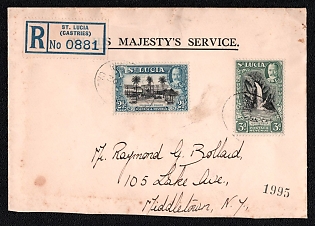 1936 (30 Jul) International registered OHMS (On His Majesty's Service) cover from Castries (St. Lucia) to Middletown, NY (USA), franked with 2½d and 3d (St. Lucia), canceled by Castries postmark. Via New York August 15, 1936. Arrive in Middletown August 17, 1936
