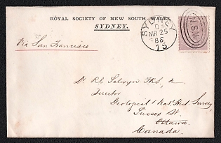 1886 (25 Mar) International cover from Sydney (New South Wales/ Australia) to Ottawa (Canada), franked with 2d (New South Wales), canceled by Sydney postmark. Handwritten via San Francisco. Via Windsor April 24, 1886. Arrive in unreadable town postmark (Ottawa was crossed out) April 25, 1886