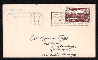 1934 (15 Jan) International airmail cover from Dunedin (New Zealand) to Bad Buckow (Germany), franked with 3d (New Zealand), canceled by Dunedin postmark. Slogan postmark "BUY HEALTH STAMPS FOR HEALTH CAMPS". Handwritten via Berlin. No arrival postmark