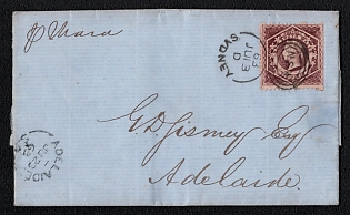 1863 (13 Jul) Cover from Sydney (New South Wales, Australia) to Adelaide (South Australia), franked with 6d (New South Wales, Australia), canceled by Sydney postmark. Arrive in Adelaide July 23, 1863