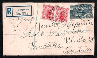 1913 (28 Oct) International registered cover from Dargaville (New Zealand) to Sisak (Croatia, Austria-Hungary), franked with two 1d and 2½d (New Zealand), canceled by Dargaville postmark. Via Auckland (New Zealand) postmark on the backside, via St. Peter in Krain (Slovenia, Austria-Hungary) December 5, 1913. Arrive in Sisak December 7, 1913. Rare route