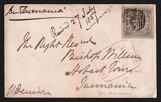 1857 (20 Jul) Cover from Sydney (New South Wales, Australia) to Hobart Town (Tasmania), franked with 6d (New South Wales, Australia), canceled by Sydney numeral "1" postmark. Red cachet on front ship letter inwards free (Hobart). Arrive in Hobart July 27, 1857