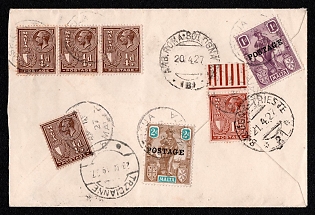 1927 (18 Apr) International Registered cover from Cospicua (Malta) to Trzcianne (Poland), franked with 1d, 2d, four ¼d, and 1½d, canceled by Cospicua postmark. Via Bologna April 20, Trieste April 21. Arrive in Trzcianne April 23, 1927