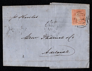 1856 (2 Feb) Folded letter from Melbourne (Victoria, Australia) to Adelaide (South Australia), franked with 6d (Victoria, Australia), canceled by Melbourne numeral "1" barred oval postmark. Handwritten via steamer "Havilah". Arrive in Adelaide March 8, 1856
