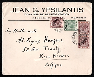 1930 (21 Sep) International cover from Nicosia (Cyprus) to Dison-Verviers (Belgium), franked with three 1pi and ½pi (Cyprus), canceled by Nicosia postmark. Via Istanbul September 21, 1930. No arrival postmark