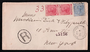 1900 (2 Oct) International registered cover from Nassau (Bahamas) to New York (USA), franked with a pair of 1p and 2½p (Bahamas), canceled by Nassau postmark. Handstruck circular "R" registration mark. No arrival postmark
