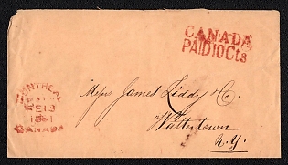 1881 (15 Feb) International stampless cover from Montreal (Canada) to Watertown (USA). Payment postmark red cachet "Canada Paid 10Cts" above red cachet "Paid 6". Via Rouse's Point February 15, 1861. No arrival postmark. Rare two taxes cachet