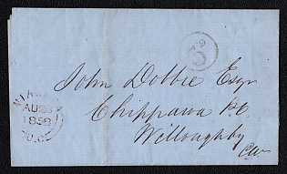 1858 (28 August) Stampless letter sheet from Niagara (Canada) to Chippawa (Canada), payment postmark black cachet rate "3d". Arrive in Chippawa Aug 28, 1853 (an error in the year on either one or the second postmark)