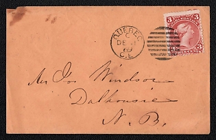 1869 (1 Dec) Cover from Quebec (Canada) to Dalhousie (Canada), franked with 3c (Canada Scott), canceled by Quebec postmark. Via Campbellton December 4, 1869. Arrive in Dalhousie December 6, 1869