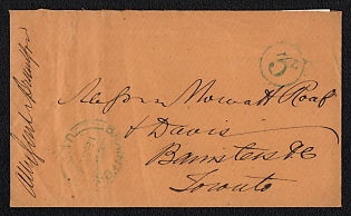 1857 (20 Jul) Stampless cover from Brantford (Canada) to Toronto (Canada), stampless, fpayment postmark green cachet rate "3d", canceled by Brampton postmark. Arrive in Toronto July 29, 1857