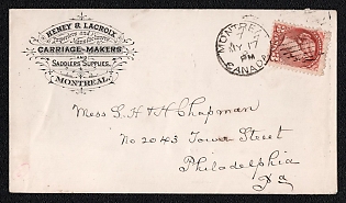 1882 (17 May) International cover from Montreal (Canada) to Philadelphia (USA), franked with 3c (Canada), canceled by Montreal postmark. Via New York May 18, 1892. Arrive in Philadelphia May 19, 1892
