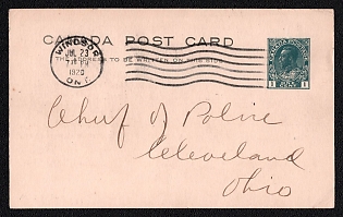 1920 (23 July) International postal card from Windsor (Canada) to Cleveland (USA), postal stationery with imprinted stamp 1c (Canada), canceled by Windsor postmark. No arrival postmark. Official 1920 Canadian police bulletin sent by Windsor Chief Constable E. Wills to US departments seeking the arrest of a suspect who stole a chestnut mare and buggy near the Detroit border