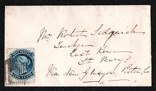 1866 (18 Sep) Cover from Middle Musquodoboit (Nova Scotia) to East River St. Mary’s (Nova Scotia), franked with 5c (Nova Scotia), canceled by oval grid postmark. Via New Glasgow September, 1866. No arrival postmark, oval postmark on back side unreadable