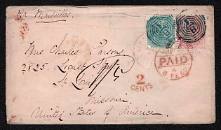 1869 (12 Jan) International cover from Calcutta (India) to St. Louis (USA), franked with 4a and 8a (India), canceled by in blue ink B-1 Calcutta GPO postmark. Via Marselle handvriten on front. Via London February 8, 1869 (red postmark PAID). No arrival postmark