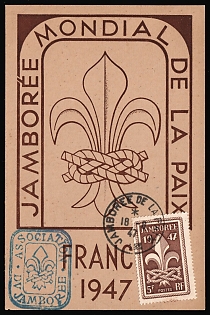 1947 (18 Aug) 'The 6th World Scout Jamboree', France, Postcard with Special Blue and Black Postmarks, franked with 5f