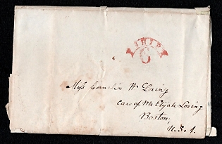 1836 Pre-philatelic stampless international letter sheet from Calcutta (British India) to Boston (USA), payment postmark cachet rate "SHIP 6". No arrival postmark