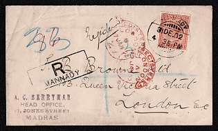 1902 (31 Dec) International registered cover from Mannady (India) to London (England), franked with 3a (India), canceled by Madras postmark. Arrive in London January 17, 1903. Issued to the recipient January 19, 1903