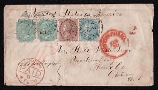1870 (8 Jan) International cover from Bombay (India) to Martinsburg (USA), franked with two 4a, 1a and ½a (India), canceled by Bombay postmark. Red tax cachet "2" on front. Via London postmark "Paid" February 4, 1870. Via New York February 20, 1870. No arrival postmark