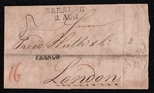 1828 (Aug 2) Pre-philatelic stampless letter sheet from Breslau (Prussia, Germany) to London (Great Britain), payment postmark handwritten rate "16", black "FRANCO" paid marking on front, black two-line "BRESLAU / 2. AUG." origin postmark on front, black-crowned "SHIP LETTER / LONDON" handstamp on reverse. Arrive in London August 11, 1828