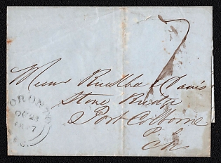 1847 (Oct 23) Pre-philatelic stampless letter sheet from Toronto (Canada) to Port Colborne (Canada), payment postmark handwritten tax "2c". Toronto origin postmark. Via Hamilton October 23, 1847. Arrive in Port Colborne October 25, 1847