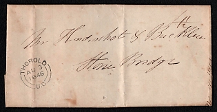 1846 (3 Aug) Pre-philatelic stampless letter sheet from Thorold (Canada) to Stone Bridge (Canada), payment postmark handwritten tax "4½", Thorold postmark. Via Port Colborne August 3, 1846.