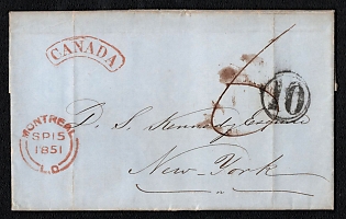1851 (15 Sep) Stampless international letter sheet from Montreal (Canada) to New York (USA), payment postmark handwritten "6", black cachet "10". Montreal postmark and cachet "Canada". No arrival postmark