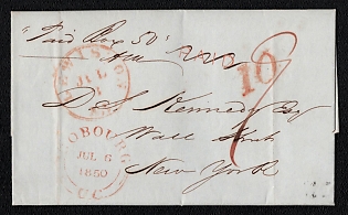 1850 (6 Jul) Pre-philatelic stampless international letter sheet from Cobourg (Canada) to New York (USA), payment postmark handwritten rate "9", red cachet rate "10", handwritten "Paid Box 50" and red cachet "paid" crossed out, Cobourg origin postmark. Via Queenston July 8, 1850. Via Lewiston July 8, 1850. No arrival postmark