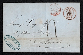 1856 (21 Apr) Stampless international letter sheet from Liege (Belgium) to Marseille (France), payment postmark handwritten rate "4". Blue oval forwarding agent cachet  "ANCION & C / A LIEGE", Liege origin postmark. Via Valenciennes April 22, 1856. Via Paris April 22, 1856. Arrive in Marseille April 23, 1856