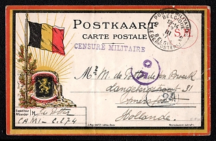 1917 (11 Mar) SHIFTED Red Printing Error, Stampless censored international S.M. (Service Militaire) postcard from CAMI - C.274 (Belgium) to Amersfoort (Netherlands), violet linear cachet "CENSURE MILITAIRE", double-ring "POSTE BELGE MILITAIRE / LEGERPOSTERIJ" postmark. Cachet "С.F. and ".24" No arrival postmark
