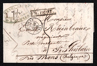 1848 (22 Jan) Pre-philatelic stampless letter sheet from St-Omer (Belgium) to St. Ghislain (Belgium), payment postmark handwritten rate "5", black frame cachet "R. FRONT.", oval forwarding agent handstamp "HENRY LELRS / ST-OMER" witn handwritten 1 7½. St-Omer origin postmark. Via Lille January 23, 1848. Arrive in St. Ghislain January 23, 1848