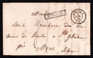1848 (02 Jul) Pre-philatelic stampless letter sheet from Dunkerque (France) to St. Ghislain (Belgium), payment postmark handwritten rate "4". Black cachet "R. FRONT.". Dunkerque origin postmark. Via Lille July 3, 1848. Arrive in St. Ghislain July 3, 1848