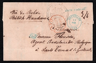 1848 (24 Oct) Pre-philatelic stampless international letter sheet from Bruxelles (Belgium) to Santo Tomas (Guatemala), payment postmark handwritten rate "2/4" on front and handwritten on back side 84 and 90. Brussels origin postmark. Small green boxed cachet "PD" (Paid to Destination), linear green cachet "APRÈS LE DÉPART" (Too late), black circular "MINISTÈRE DES AFFAIRES ÉTRANGÈRES" (Ministry of Foreign Affairs)