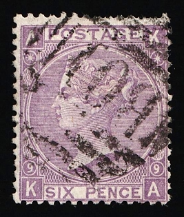 1858-1879 6d British Post Offices in Egypt, Alexandria, Vertical Oval ‘B01’ Type of Obliterator, Plate Number '9'