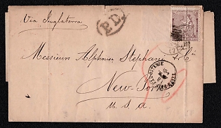 1874 International letter sheet from Belgium to New York (USA), franked with 1Pta, the second stamp is lost (Spain), canceled by Malaga postmark, cachet "PD" and handwritten rate probably 50. Via Ostend (Belgium) (postmark ETATS UNIS PAR OSTENDE - Соединенные Штаты через Остенде) Apri 4, 1874. Handwritten route "Via England". Via Malaga. No arrival postmark