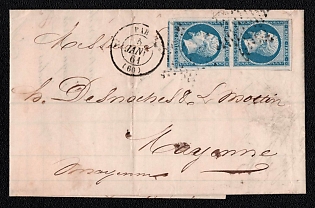 1860 (6 Dec) Letter sheet from Mayenne (France) to Paris (France), franked with a pair of 20c (France) canceled by a diamond dot postmark. Arrive in Paris January 5, 1861