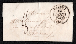 1838 (13 Nov) Pre-philatelic stampless letter sheet from Bayeux (France) to Bordeaux (France), payment postmark handwritten rate "8", Bayeux postmark. Via Paris November 15, 1838. Arrive in Bordeaux November 16, 1838