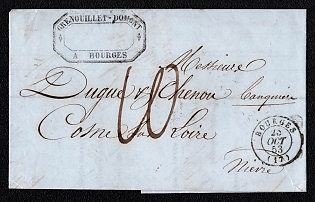 1853 (25 Oct) Stampless letter sheet from Bourges (France) to Cosne-Cours-sur-Loire (France), payment postmark handwritten rate "10", Bourges origin postmark. Black boxed forwarding agent cachet "Grenouillet-Domont / A Bourges". Arrive in Cosne October 26, 1853