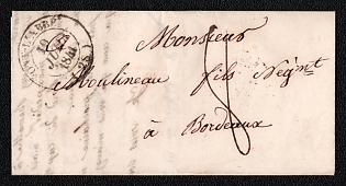 1841 (19 Jul) Pre-philatelic stampless letter sheet from Pont-l'Abbé (France) to Bordeaux (France), payment postmark handwritten rate "8". Pont-l'Abbé origin postmark. Via Quimper July 19, 1841. Via Nantes July 21, 1841