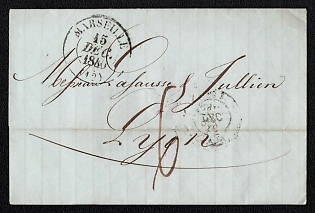 1840 (15 Dec) Pre-philatelic stampless letter sheet from Marseille (France) to Lyon (France), payment postmark handwritten rate "6", Marseille postmark. Arrive in Lyon December 16, 1840
