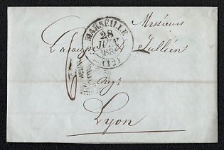 1838 (28 Jun) Pre-philatelic stampless letter sheet Marseille (France) to Lyon (France), payment postmark handwritten rate "6", Marseille origin postmark. Arrive in Lyon June 29, 1838