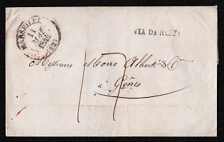 1844 (11 May) Pre-philatelic international stampless letter sheet from Marseille (France) to Genoa (Italy), payment postmark handwritten rate "17", Marseille origin postmark. Black linear transit stamp "VIA DI NIZZA". Via Antibes May 15, 1844. Arrive in Genoa May 15 (red cachet "15. MAGGIO"), 1844