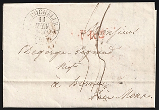 1830 (11 Jun) Pre-philatelic stampless letter sheet from La Rochelle (France), payment postmark handwritten rate probably "44" red cachet rate "F.R.5", (Lettre des Pays-Bas 5ème Rayon) Rochelle postmark