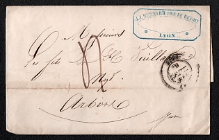 1834 (19 Sep) Pre-philatelic stampless letter sheet from Lyon (France) to Arbois (France), payment postmark handwritten rate "4". Lyon origin postmark. Blue boxed forwarding agent cachet "J.J. BERNARD FILS DE BENOIT / LYON". Arrive in Arbois 1834