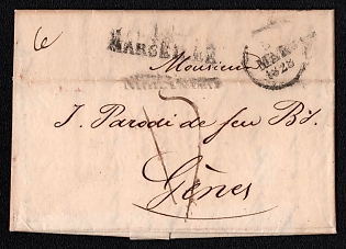 1828 (5 Mar) Pre-philatelic stampless international letter sheet from Marseille (France) to Genoa (Italy), payment postmark handwritten rate "17", black Marseille line postmark. Arrive in Genoa March 8, 1828