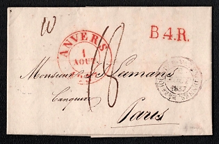 1837 (1 Aug) Pre-philatelic international stampless letter sheet from Anvers (Belgium) to Paris (France), payment postmark handwritten rate "18", red cachet "B.4.R." (Bas 4ème Rayon) . Anvers origin postmark. Via Valenciennes August 2, 1837. No arrival postmark